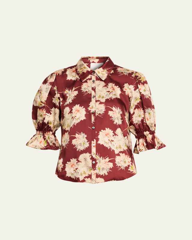 Mae Bouquet Satin Puff-Sleeve Shirt
